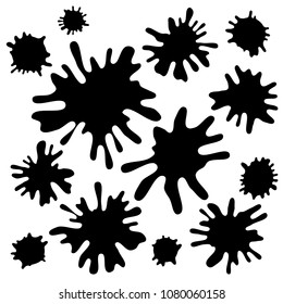 A set of black ink spots of different sizes. Grunge splashes isolated on white background. Vector illustration.