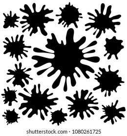 A set of black ink spots of different sizes. Grunge splashes isolated on white background. Vector illustration.