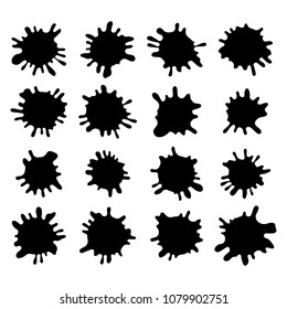 A set of black ink spots. Grunge splashes isolated on white background. Vector illustration.
