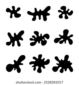 Um conjunto de manchas de tinta preta, manchas isoladas em um fundo branco, desenhado à mão, vetor. Ilustração de um elemento para design, decoração, decoração no estilo de rabiscar, cômico. A silhueta 