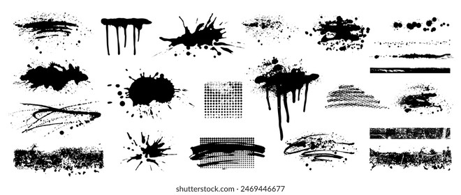 Conjunto de manchas de tinta negra, salpicaduras de spray, manchas aisladas sobre fondo blanco. Alta calidad grunge textura dibujado a mano. Elementos artísticos, cuadros para texto.