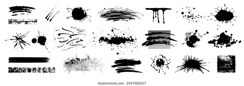 Set of black ink spots, spray splashes, blots isolated on white background. High quality grunge texture hand drawn. Artistic elements, boxes for text.	
