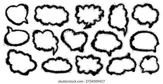 Set of black ink spray speech bubbles and comic talk balloons on white background. Grunge outline frames with rough splatter texture, blank shapes for text, quotes, chats and captions, posters in ads.