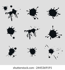 Conjunto de manchas de tinta negra en estilo plano. Vector sobre fondo gris