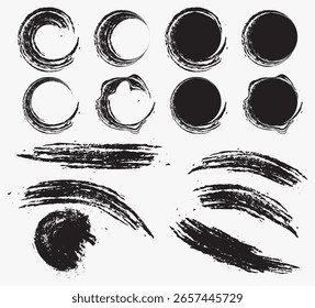 um conjunto de traços de tinta preta em um fundo branco, Conjunto vetorial de ícones redondos grunge de carimbo de borracha com desenhos de borda vintage para ilustrações de negócios e arte