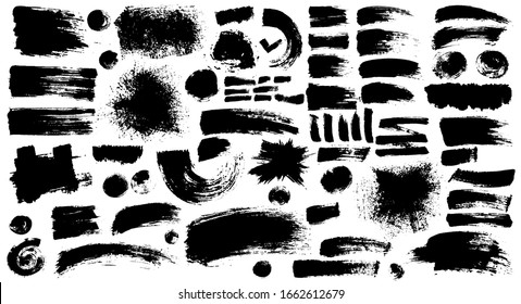 Set of black ink style splash, blobs and stains brushes and textures made with watercolor. Grunge dirty shapes and silhouettes for your design. Vector illustration. Isolated on white background.