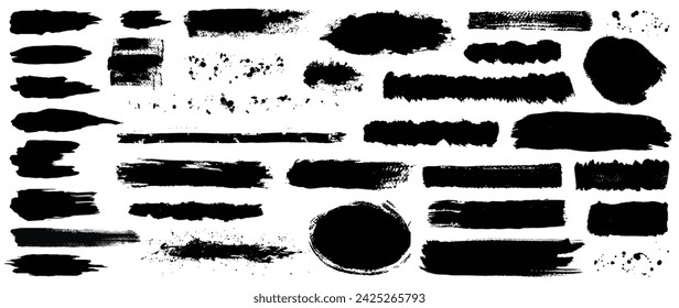 Conjunto de manchas vectoriales de tinta negra. colección de pintura negra, pinceladas de tinta, pinceles, líneas, grungy Aislado sobre fondo blanco.  Ilustración vectorial. 