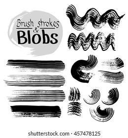 Set of black ink vector stains and brush strokes. Circle and wavy brush strokes and blobs.