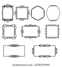 Set of black ink vintage frames with border ornament. Vintage decorative elements design. Luxury Labels and badges, calligraphic swirls, flourishes ornate vignettes. Vector illustration