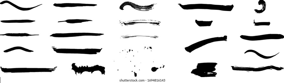 A set of black ink and watercolor brush strokes, design elements or templates for paintbrush instrument, hand drawn