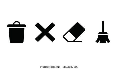 Set of black interface icons representing delete remove clear erase and cleaning actions for digital user interfaces