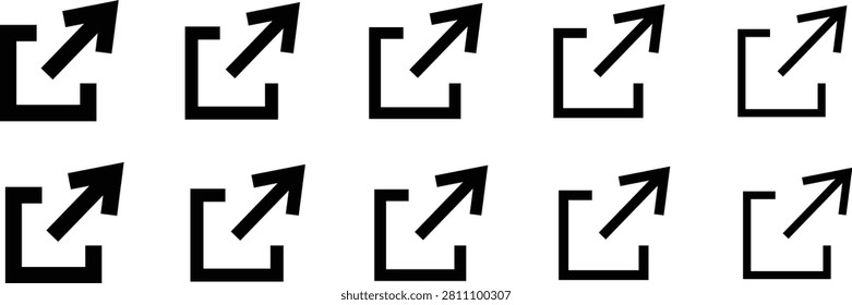 Set of black interface link out icons arranged in rows for web design with external internet interface navigation directional isolated collection hyperlink application