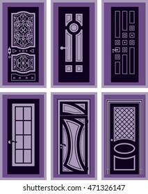 Set of black interior doors isolated on purple background