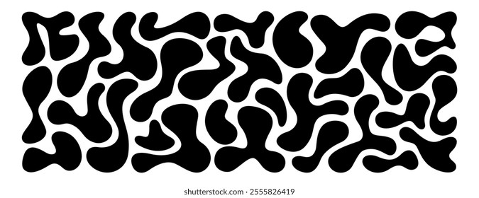 Set of black irregular blobs, random liquid uneven drop shape. Amorphous splodges, asymmetric spots, fluid circle elements or simple organic amoeba figures. Abstract forms isolated on white background
