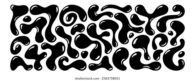 Set of black irregular blobs, random liquid organic drop shapes. Amorphous splodges, asymmetric spots, fluid uneven elements or simple amoeba figures. Abstract glossy smooth forms on white background
