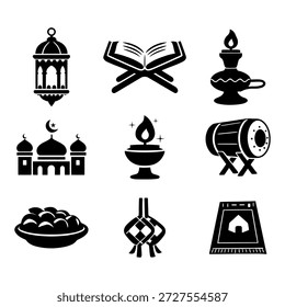 Conjunto de iconos islámicos negros que incluyen el Corán, la mezquita, la linterna, la lámpara de aceite, el tambor de bedug, la alfombra de oración y la comida iftar, que representan el Ramadán y la adoración musulmana