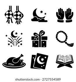 Conjunto de iconos islámicos negros que incluyen el Corán, la mezquita, la linterna, la lámpara de aceite, el tambor de bedug, la alfombra de oración y la comida iftar, que representan el Ramadán y la adoración musulmana