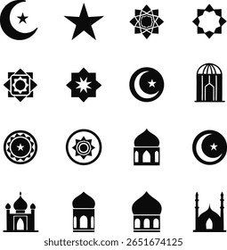 A set of black islamic symbols featuring crescent moons, stars, geometric patterns, and mosque silhouettes, perfect for religious and cultural designs. Symbols of faith.