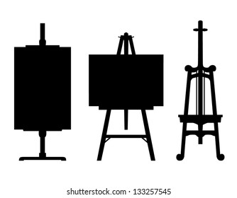 Set of black isolated contour easels silhouettes. Icon collections of artistic instruments, props