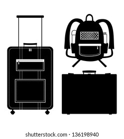 Set of black isolated contour silhouettes of bags. Icons collection of bags. Pictogram. Luggage, baggage. Suitcase. Case. Trunk. Rucksack, knapsack