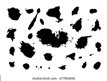 Set of black isolated drops of blots and splashes. Elements for decoration and drawing.