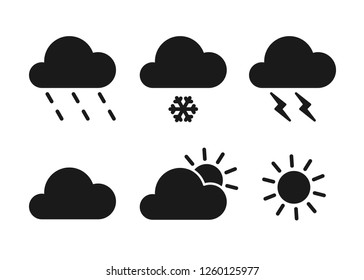 Set of black isolated icons of weather on white background. Silhouette of meteorological symbols . Flat design. Sun, snow, rain, thunderstorm, cloud.