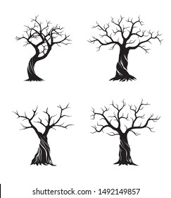 Set of Black Isolated Olive Trees on white background. Vector Illustration and concept pictogram. Plant in garden.