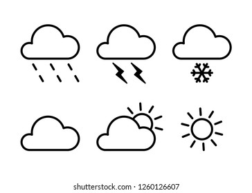 Set of black isolated outline icons of weather on white background. Line icons of meteorological symbols. Flat design. Sun, snow, rain, thunderstorm, cloud.