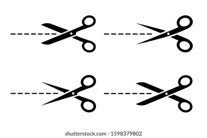 set of black isolated scissors icon silhouette with cut lines on white paper background