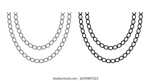 Conjunto de silueta aislada negra de cadenas sobre fondo blanco. Patrón sin fisuras de la cadena. Borde decorativo. EPS 10.