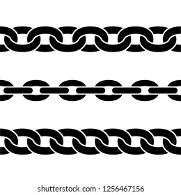 Set of black isolated silhouettes of chains on white background. Seamless pattern of chain. Decorative border.