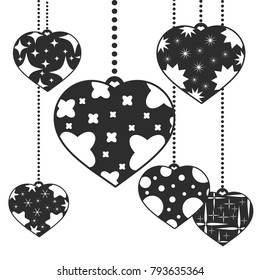 Set of black isolated silhouettes of cute pendant hearts on a white background. With an abstract pattern. Simple flat vector illustration. Design for St. Valentine s Day