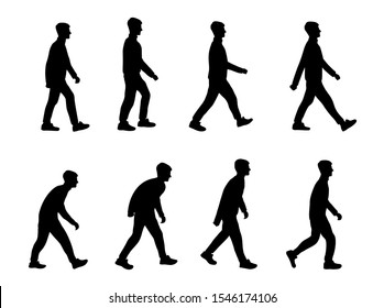 Set of black isolated silhouettes of guy. The teenager is walking. Body movement