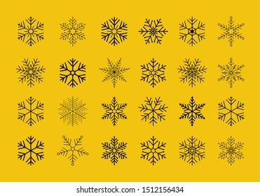 Set of black isolated snowflakes icon silhouette on yellow background. Flat snow icons, silhouette. Nice element for Christmas banner, cards. New year ornament. Vector
