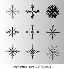 Set of black isolated snowflakes icon silhouette on white background. Flat snow icons, silhouette. Nice element for Christmas banner, cards. New year ornament. Vector