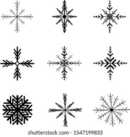 Set of black isolated snowflakes icon silhouette on white background. Flat snow icons, silhouette. Nice element for Christmas banner, cards. New year ornament. Vector