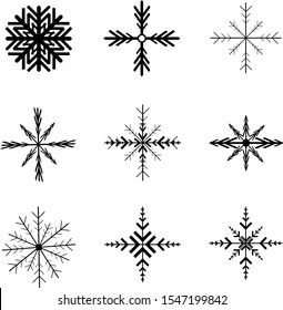 Set of black isolated snowflakes icon silhouette on white background. Flat snow icons, silhouette. Nice element for Christmas banner, cards. New year ornament. Vector