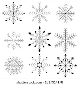 Set of black isolated snowflakes icon silhouette on white background. Flat snow icons, silhouette. Nice element for Christmas banner, cards. New year ornament. Vector