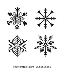 Set of black isolated snowflakes icon silhouette on white background.