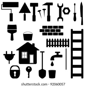 set black isolated tools silhouette for house repair and garden