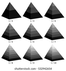 Set of black isometry pyramid not symmetrical charts. Business data, monochrome elements for infographics. Vector