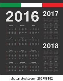 Set of black Italian 2016, 2017, 2018 year vector calendars. Week starts from Sunday.