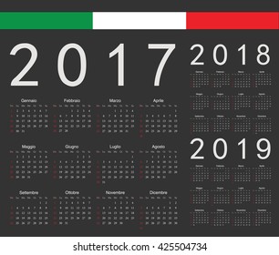 Set of black Italian 2017, 2018, 2019 year vector calendars. Week starts from Sunday.