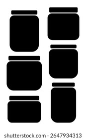 Set of black jars shapes isolated on white background. Collection of various jars silhouettes.
