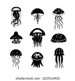 Set black jellyfish icons. Pretty jellyfish different silhouette on white background. For festive card, logo, children, pattern, tattoo, decorative, creative concept. Cartoon vector illustration