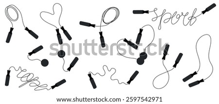Set of black jumping rope collection for fitness training. Hand drawn vector illustration in flat style. Sport equipment for cardio exercising. Ropeless rope jumping. Heart shape string, home fitness