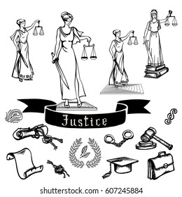 Set of black justice or law symbols on white background. Sketch. Eps-8 vector illustration.