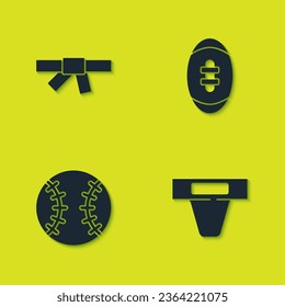 Set Black karate belt, Groin guard, Baseball ball and American Football icon. Vector