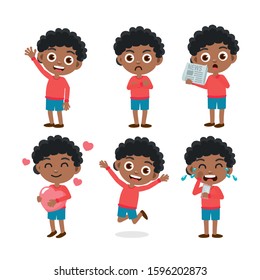 Set of black kids characters and emotions. Cute and simple style. Boy emotions set. Child with different expressions. Variety of emotions children. Variety moods and differences.