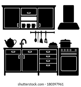 Set of black kitchen icons, furniture and utensils, vector illustration